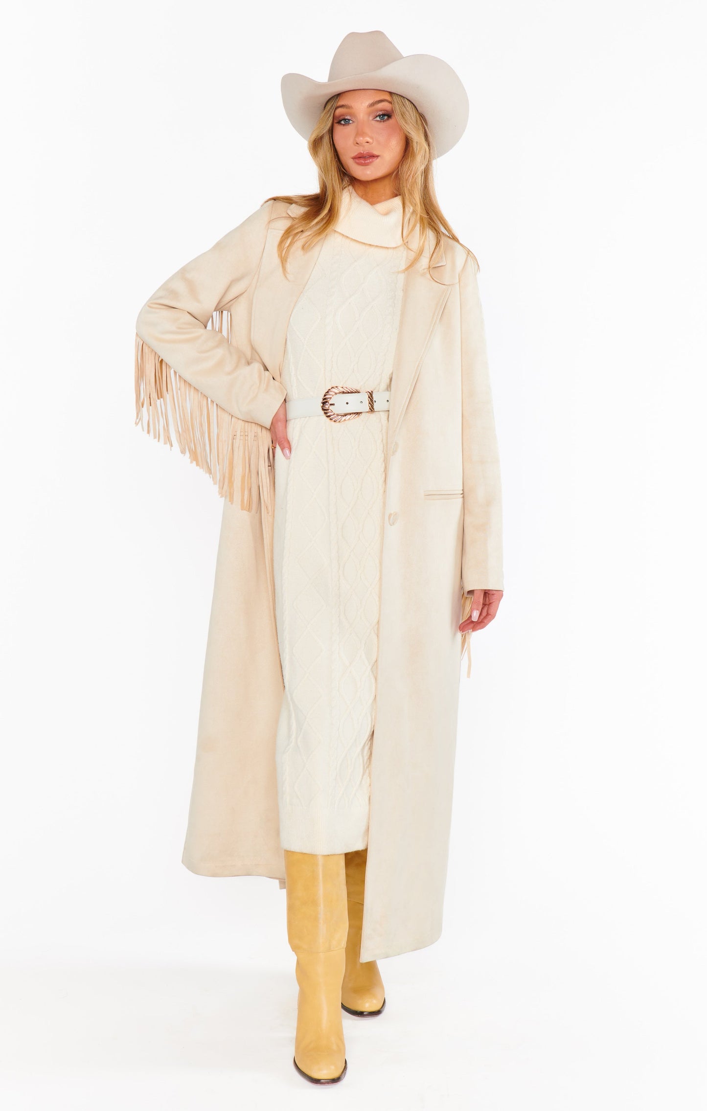 Sierra Fringe Maxi Jacket ~ Cream Faux Suede
