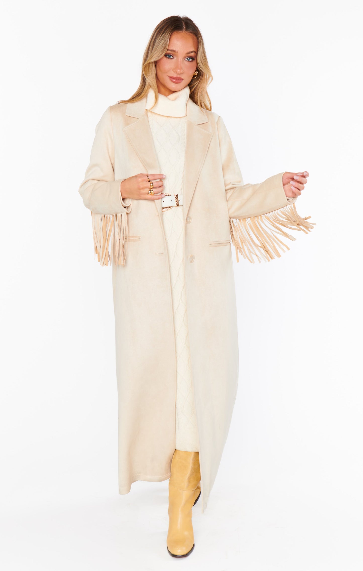 Sierra Fringe Maxi Jacket ~ Cream Faux Suede