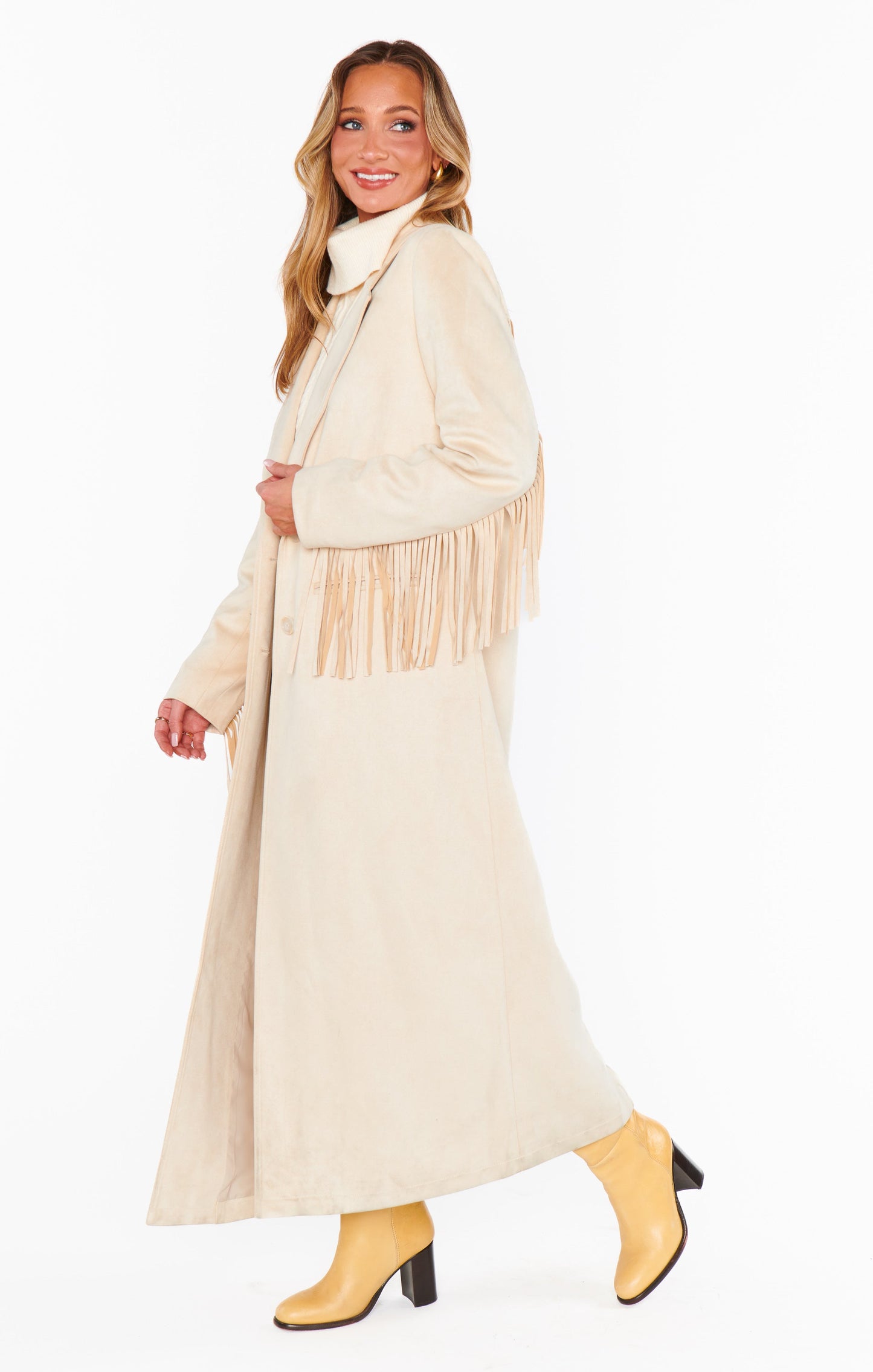 Sierra Fringe Maxi Jacket ~ Cream Faux Suede