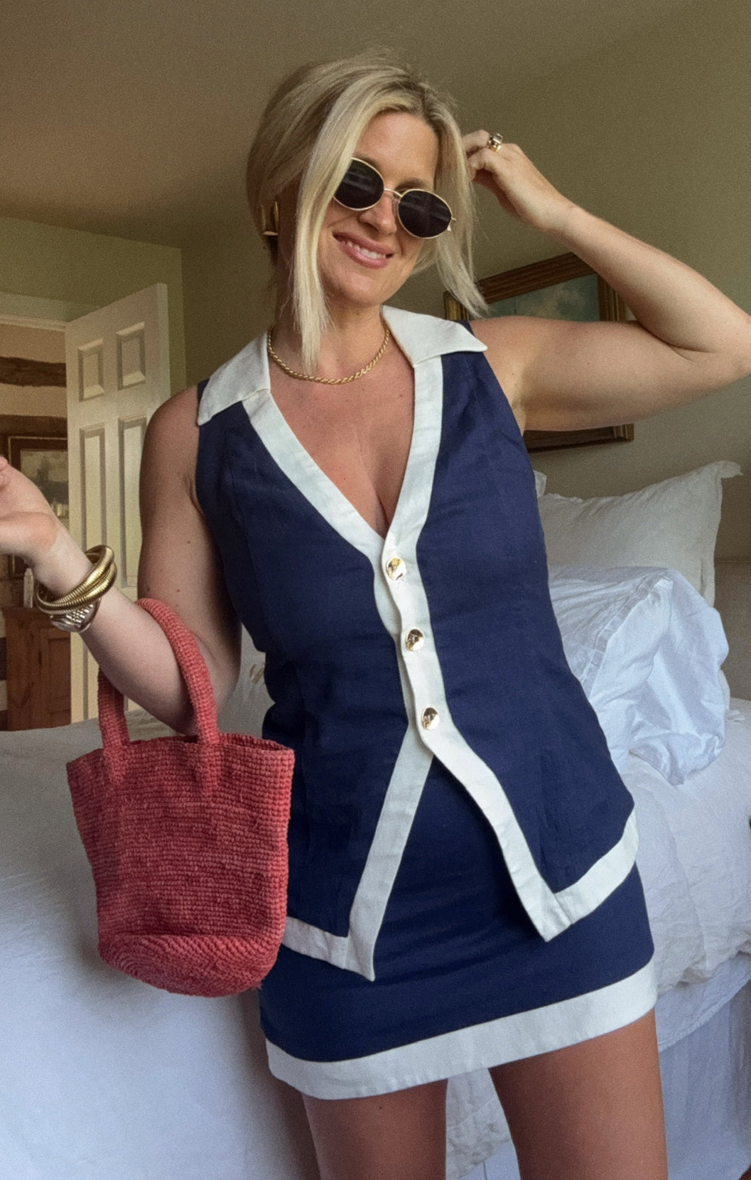 All Night Skort ~ Navy and White Linen