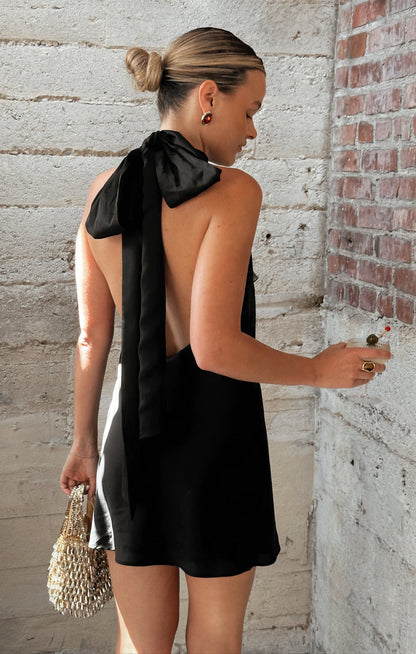 Lisa Mini Dress ~ Black Luxe Satin