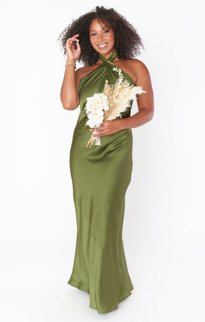 Jasmine Halter Maxi Dress ~ Rich Olive Luxe Satin