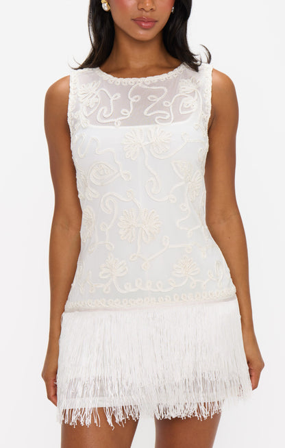 Cyrus Mini Dress ~ White With Fringe