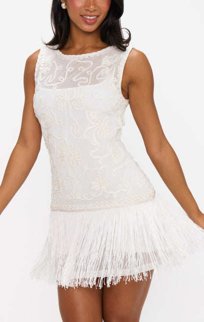 Cyrus Mini Dress ~ White With Fringe