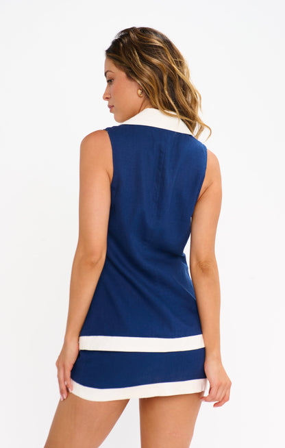 Colby Vest Top ~ Navy and White Linen