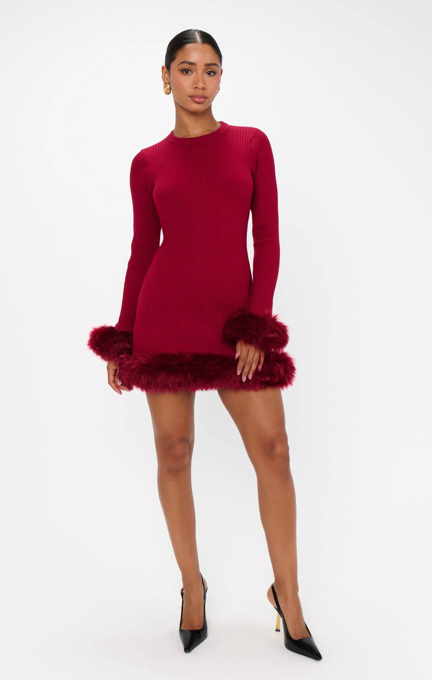 Fran Mini Dress ~ Cranberry Rib with Faux Fur