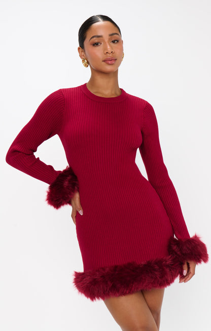 Fran Mini Dress ~ Cranberry Rib with Faux Fur