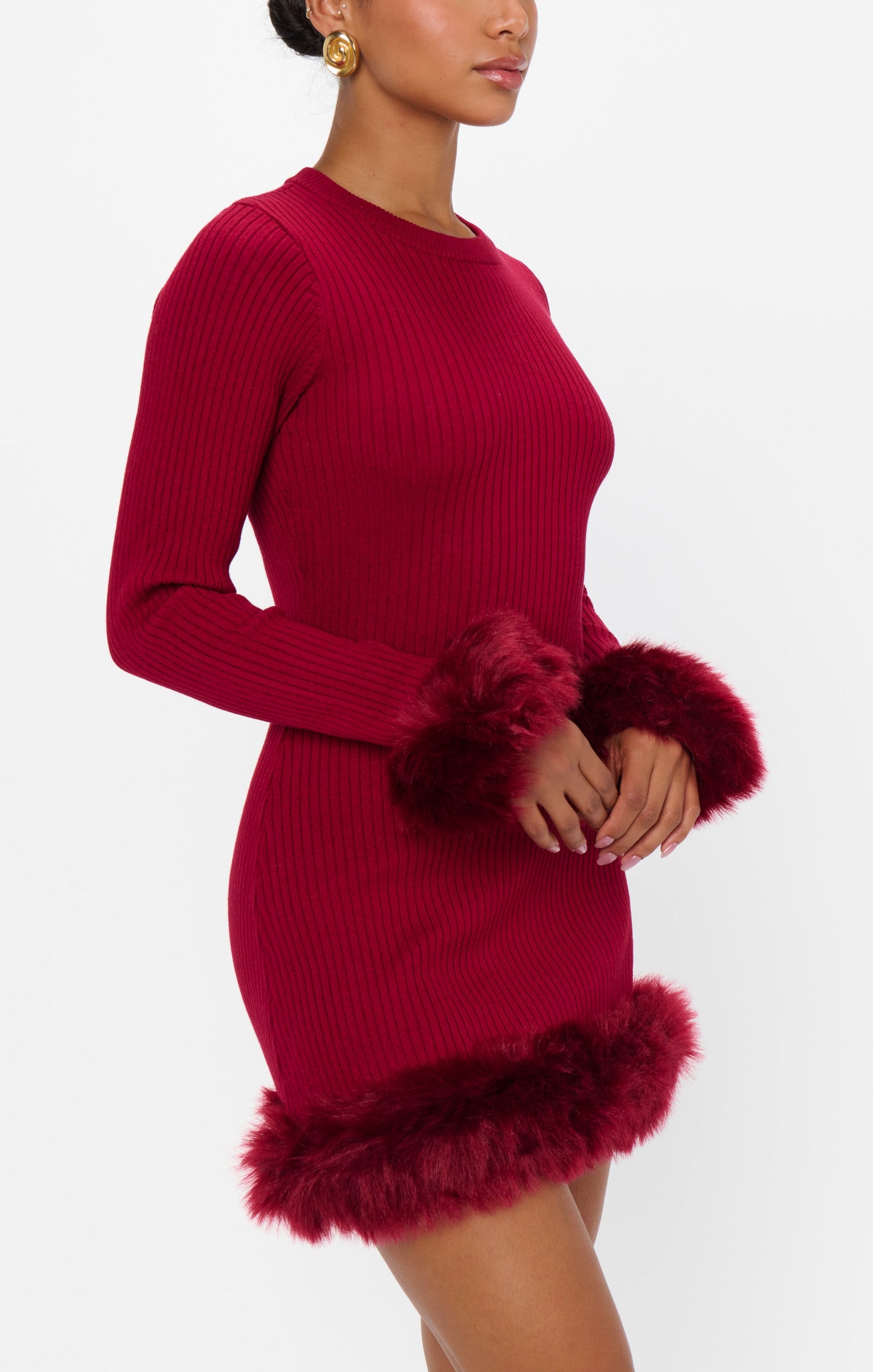 Fran Mini Dress ~ Cranberry Rib with Faux Fur