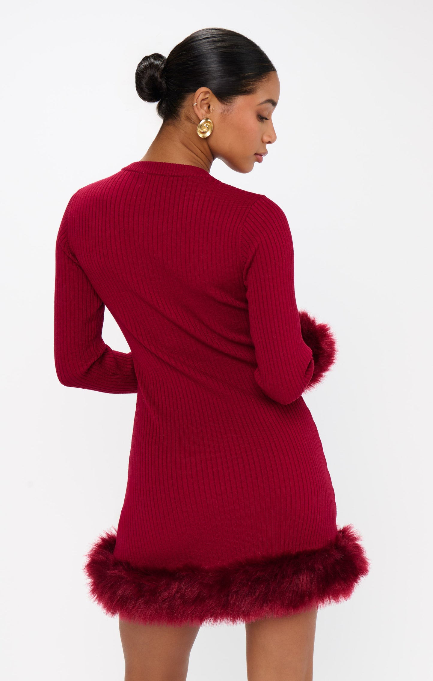 Fran Mini Dress ~ Cranberry Rib with Faux Fur